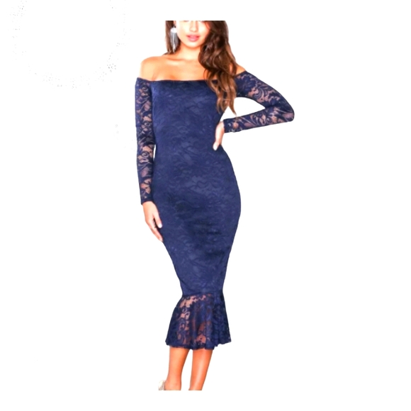 Misguided Blue Lace Bardot Fishtail Formal Dress Size Small - Picture 2 of 14